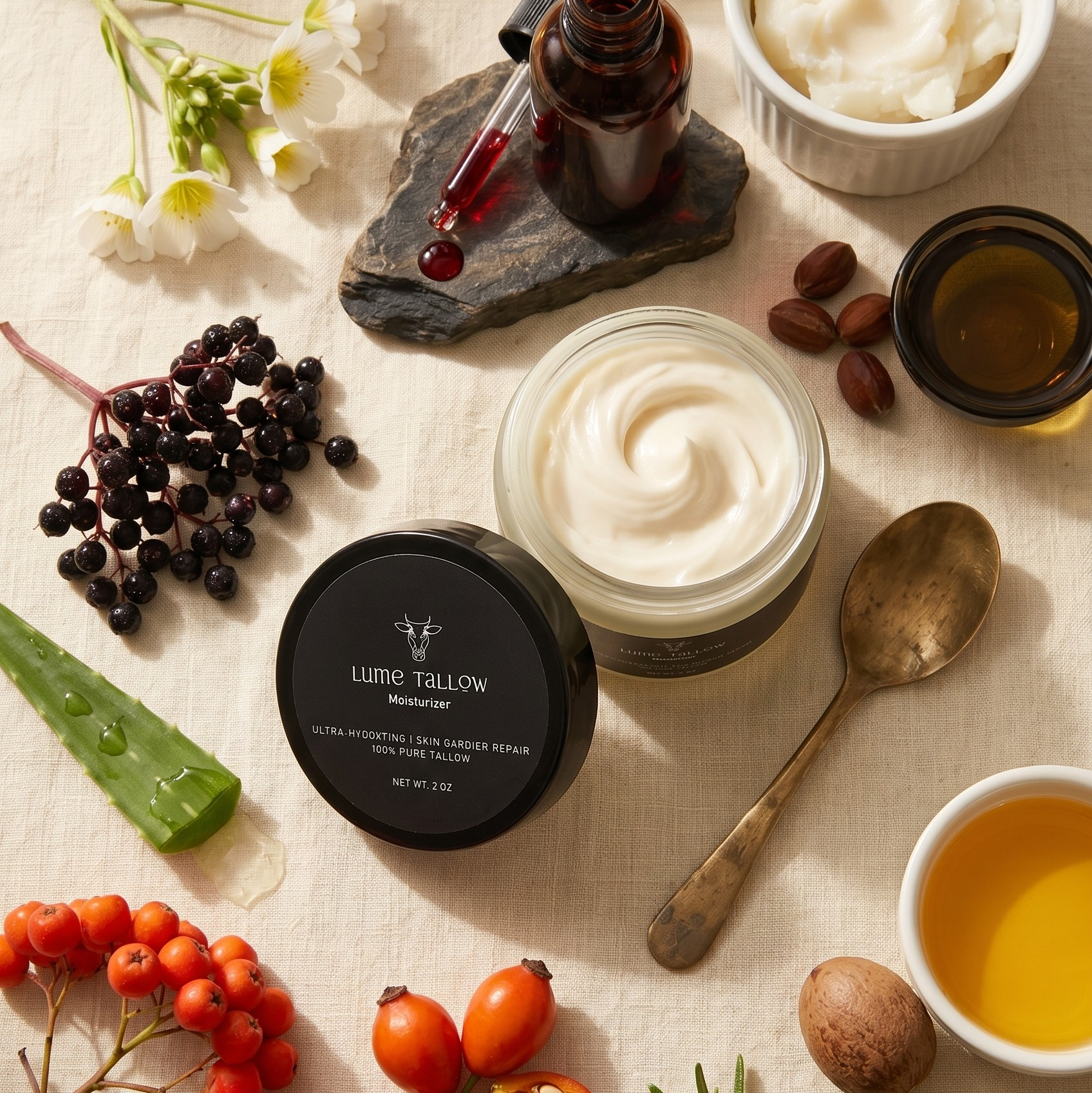 Lume Tallow Recovery Moisturizer applied to dry irritated skin — calms redness and rebuilds the skin barrier with Dragon's Blood Resin and Niacinamide