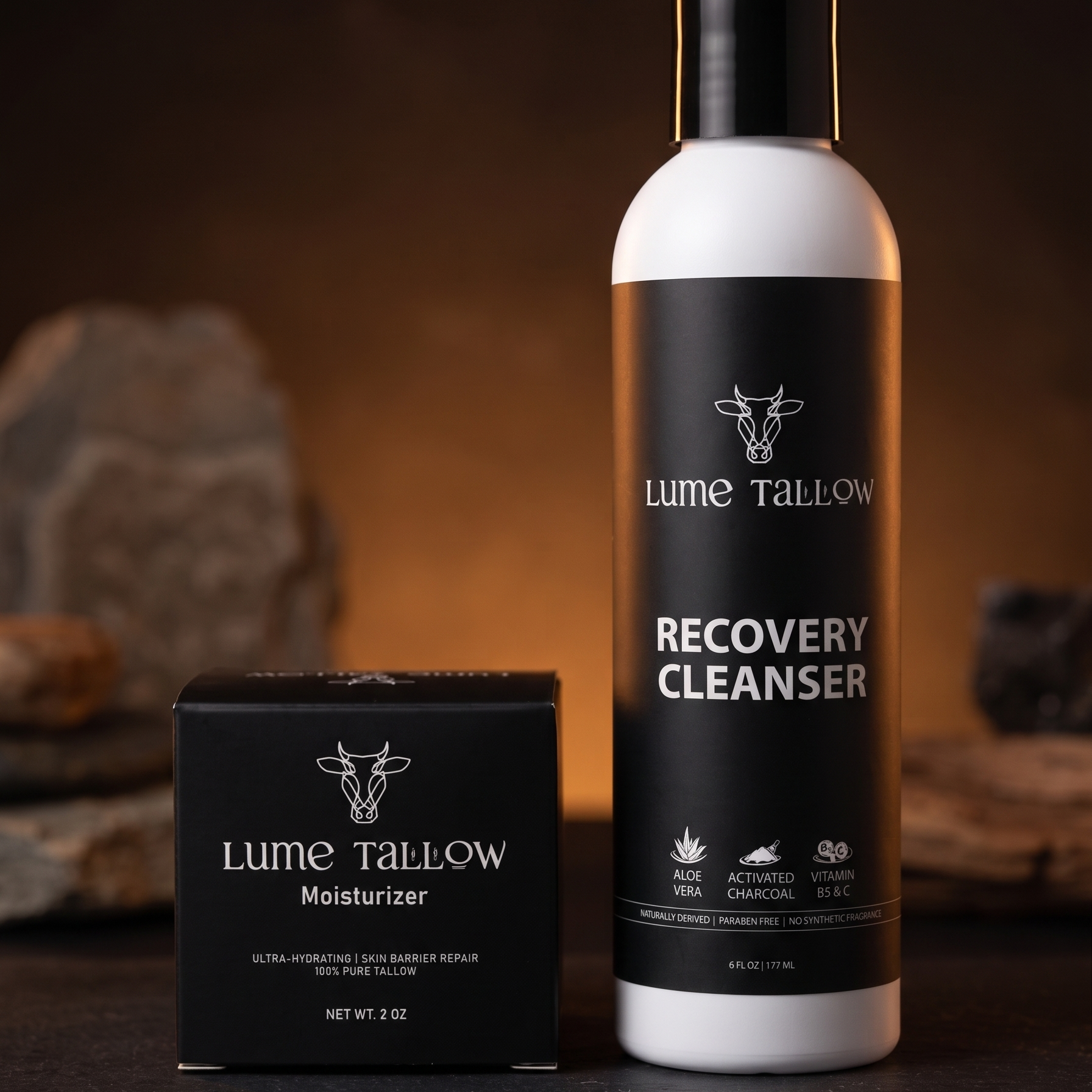 The Lume Tallow Recovery Bundle in lifestyle context — sulfate-free cleanser and grass-fed tallow moisturizer for chronic dry skin, eczema, and aesthetic recovery