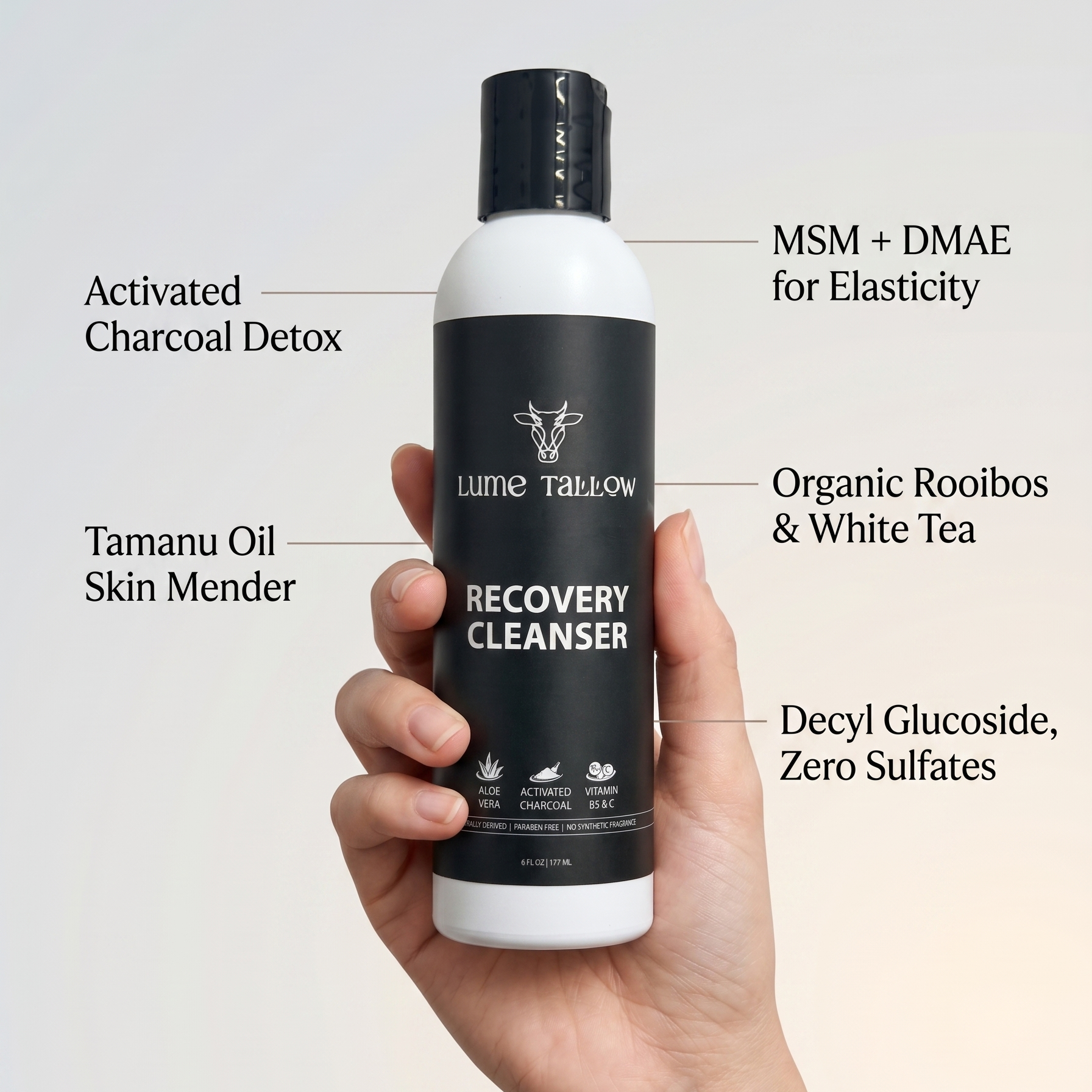Lume Tallow Recovery Cleanser in use — gentle charcoal cleanser with Tamanu Oil, MSM, and DMAE that calms compromised skin without stripping