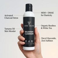 Lume Tallow Recovery Cleanser in use — gentle charcoal cleanser with Tamanu Oil, MSM, and DMAE that calms compromised skin without stripping