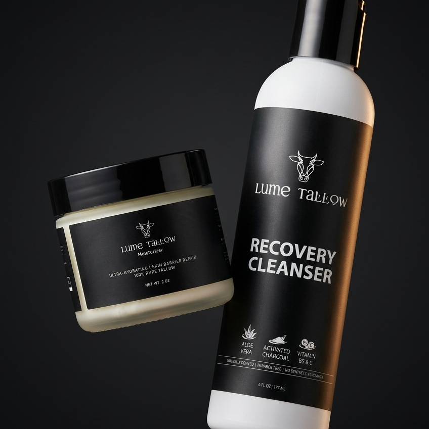 The Lume Tallow Recovery Bundle — Recovery Cleanser and Recovery Moisturizer floating together against a moody dark studio background, a complete post-procedure and barrier-repair skincare system